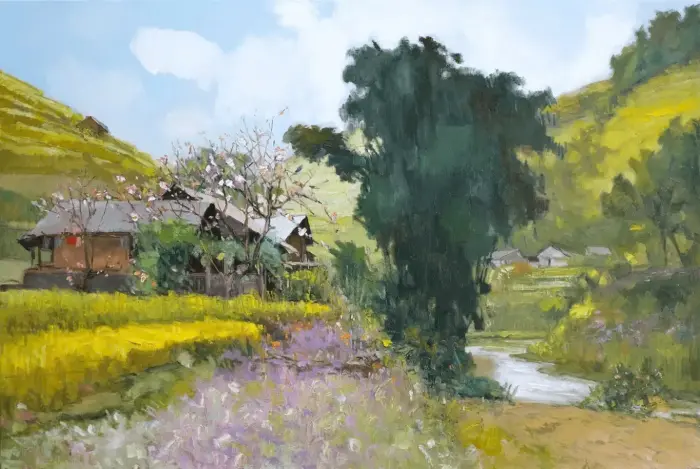 ベトナムの山 valley 咲く風景